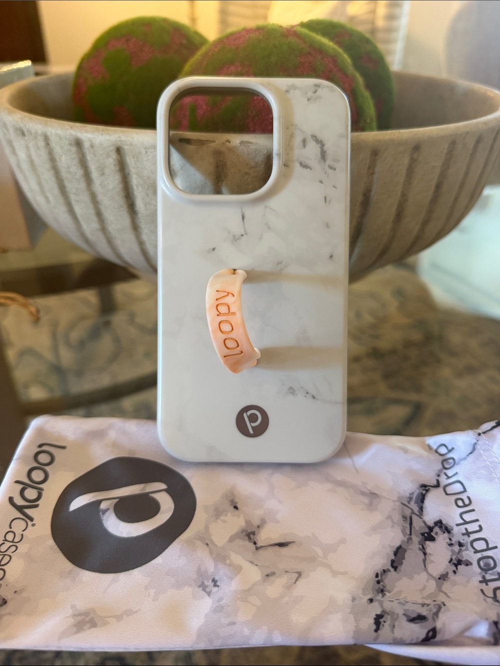 iPhone 15 Loopy Case White Marble Phone Case with Peach Loopy